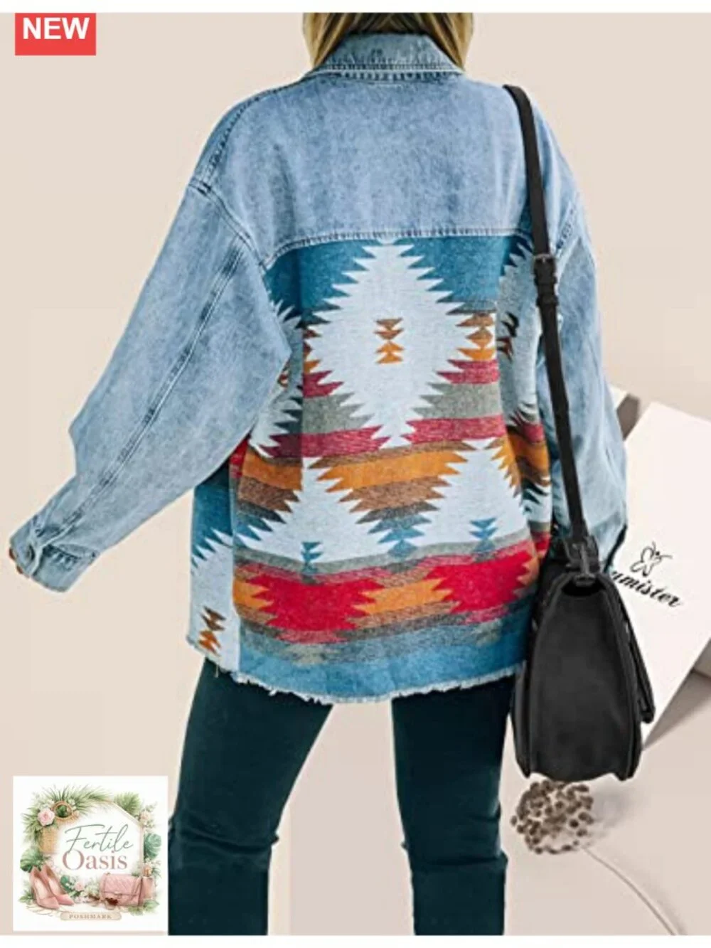 Oversized Aztec Denim Jean Jacket Button Front Fringe